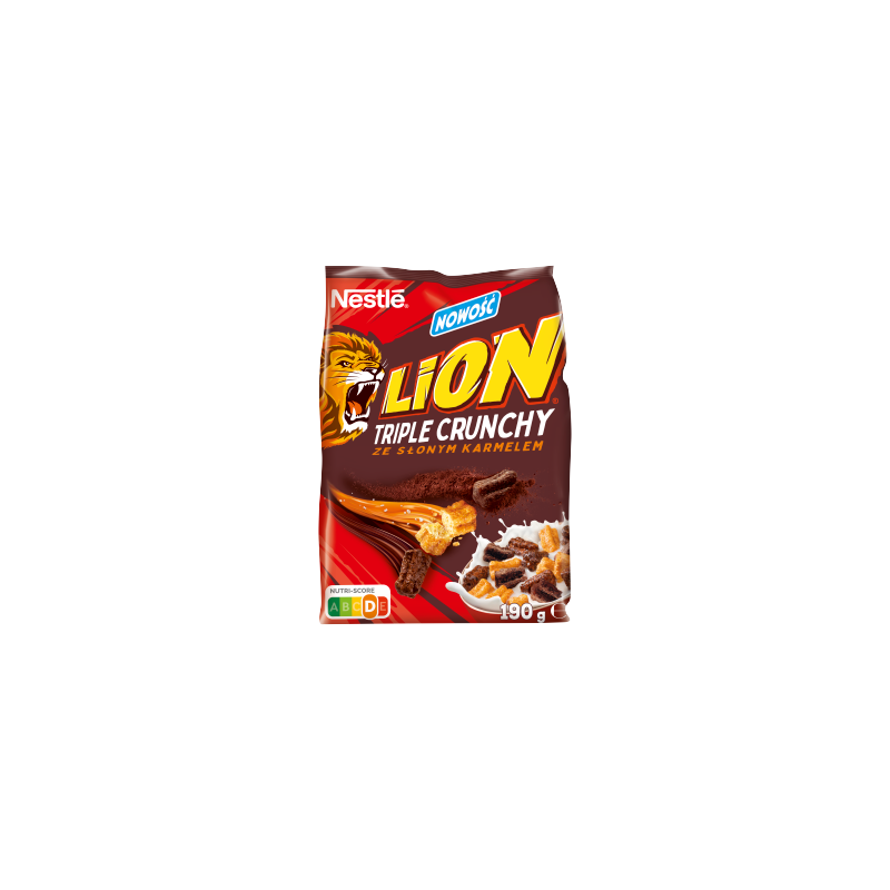 Nestlé Lion Triple Crunchy Płatki śniadaniowe ze słonym karmelem 190 g