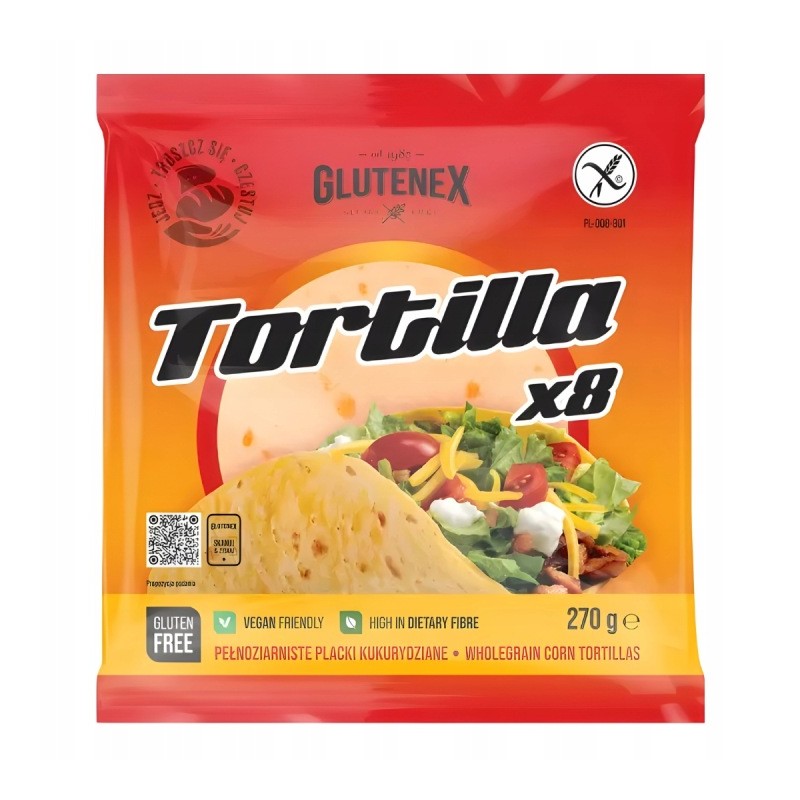 Bez glutenu tortille placki kukurydziane pełnoziarniste 8 szt 270g Glutenex