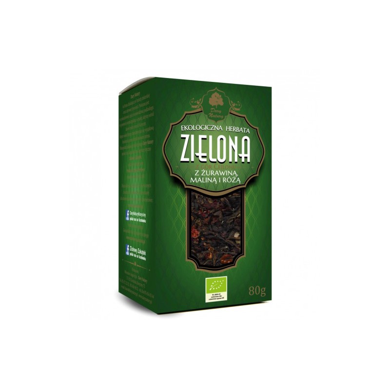 HERBATA ZIELONA LIŚCIASTA Z ŻURAWINĄ, MALINĄ I RÓŻĄ BIO 80 g - DARY NATURY
