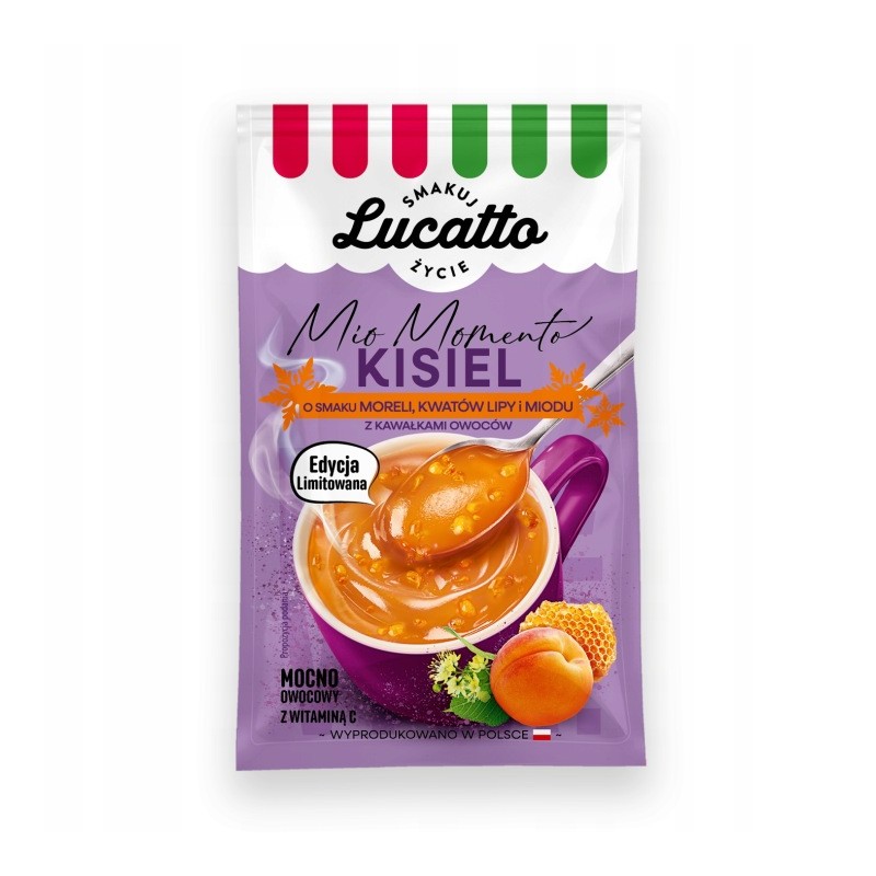 Lucatto Kisiel rozgrzewający morela kwiat lipy miód z kawałkami owoców 30g